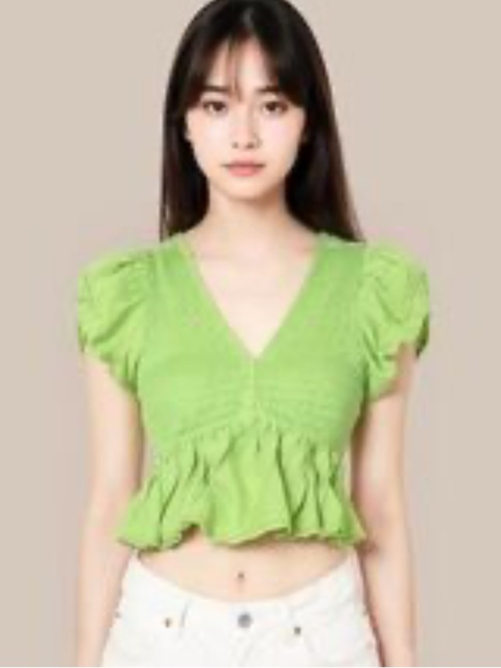 Smocked V-Neck Tie-Back Peplum Top - Lime Green